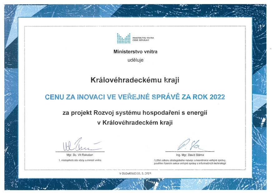 Kraj získal cenu ministerstva vnitra za chytrý systémem dálkových odečtů energií 