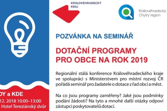 Zveme na seminář Dotační programy pro obce na rok 2019 